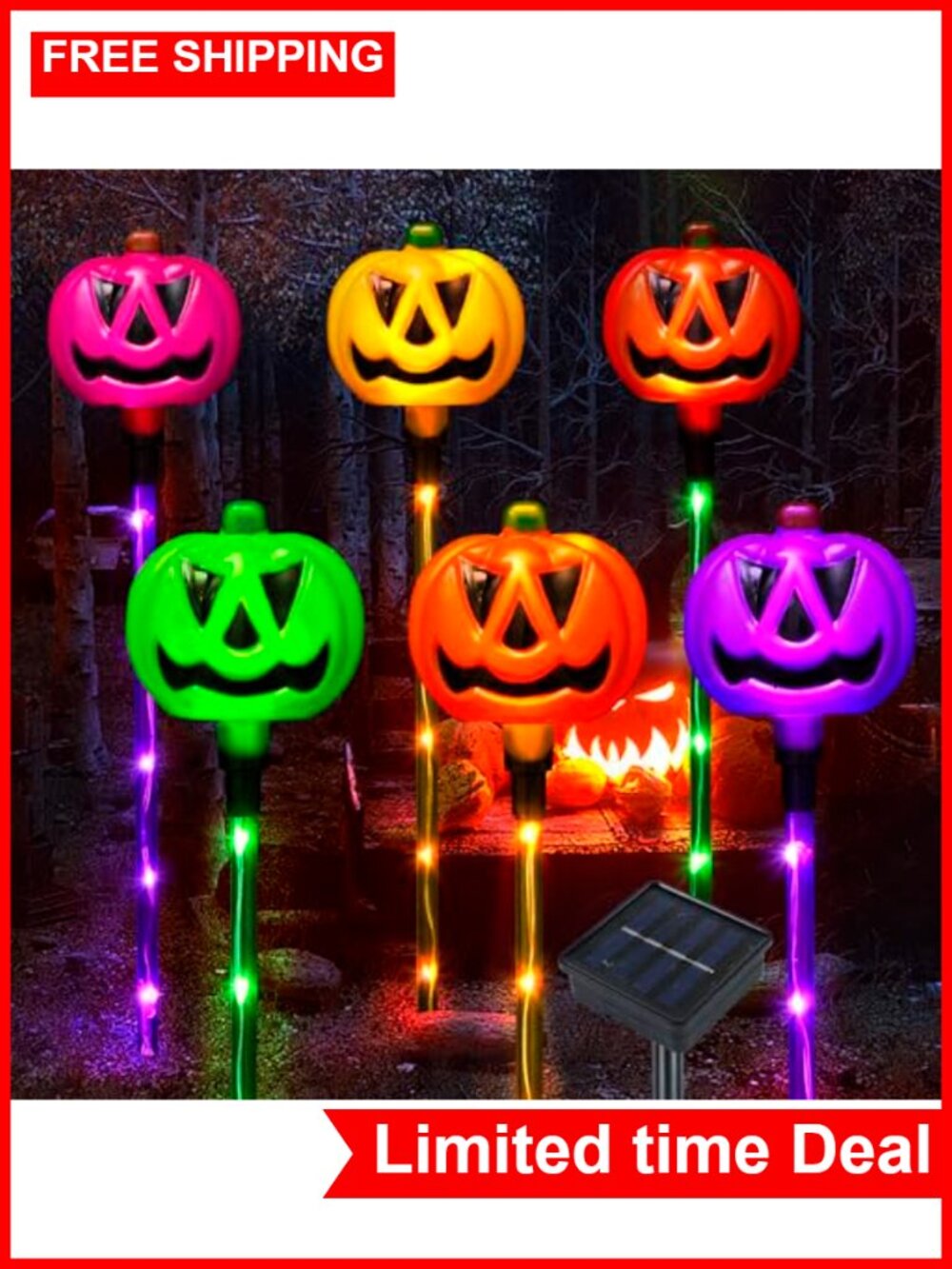 Set of 6 Solar Pumpkin Pathway Lights Halloween Decorations Outdoor Color
